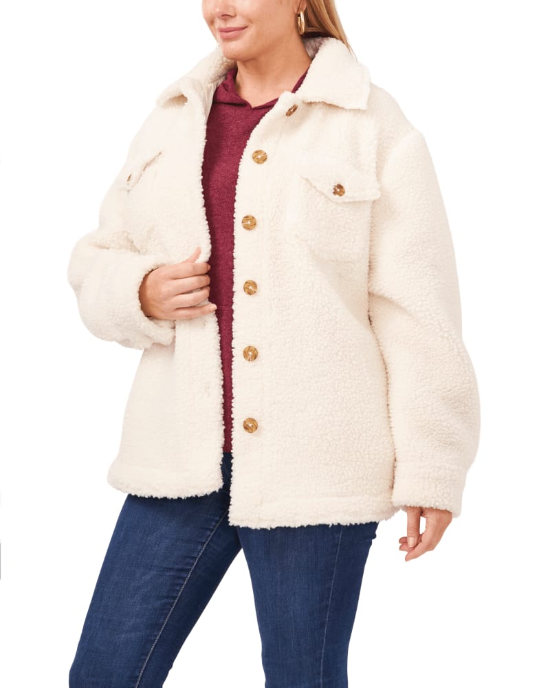 Front of a model wearing a size 1X Valentina Shearling Coat in VANILLA-162 by 1.State. | dia_product_style_image_id:262686